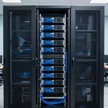 Straight-on shot of an enterprise server room rack with neat blue cabling, cool crisp office lighting, professional tech environment, sharp focus, 35mm