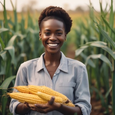Portrait of a smiling African woman standing in a green agricultural field.
