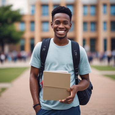 Photo of a young African man in a classroom setting, attentively learning.