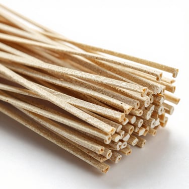 Macro texture of dry wheat noodles bun, detailed strands, clean white background, bright studio lighting.