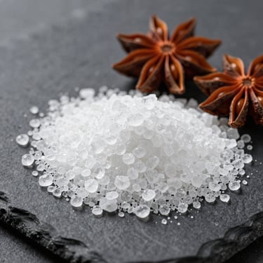 Detailed shot of pure monosodium glutamate crystals and star anise on a dark slate surface, professional lighting.