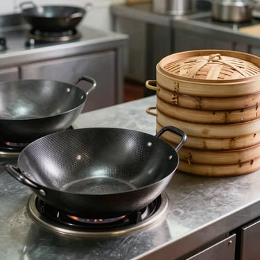 Commercial carbon steel woks and professional bamboo steamers stacked on a clean stainless steel kitchen counter.