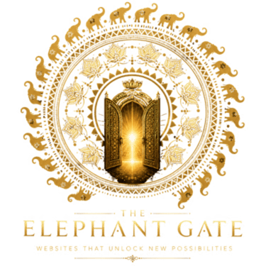 The Elephant Gate logo: golden gate opening onto light, framed by a mandala of elephants and lotus flowers