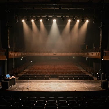 Wide-angle atmospheric shot of an empty concert venue stage during soundcheck, hazy beams of light