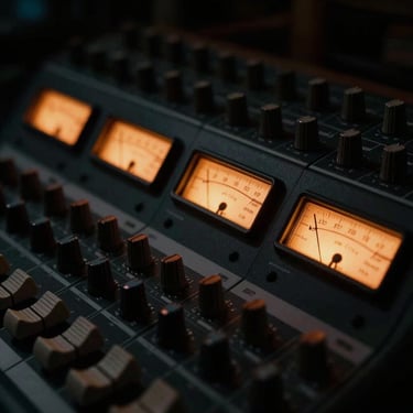 Close-up of a high-end mixing console with glowing VU meters, soft focus, cinematic low-key lighting