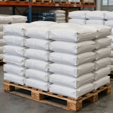 A clean, professional photograph showing high-quality white-label cat litter packaging and industrial bags of bentonite for ground wells, arranged neatly in a modern South American / Peruvian retail warehouse. The scene is well-lit with steel blue and crimson red accents on the packaging designs.