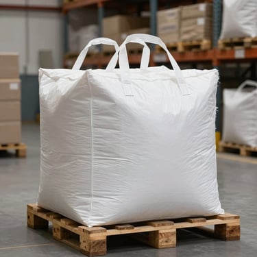 A clean, professional photograph showing high-quality white-label cat litter packaging and industrial bags of bentonite for ground wells, arranged neatly in a modern South American / Peruvian retail warehouse. The scene is well-lit with steel blue and crimson red accents on the packaging designs.