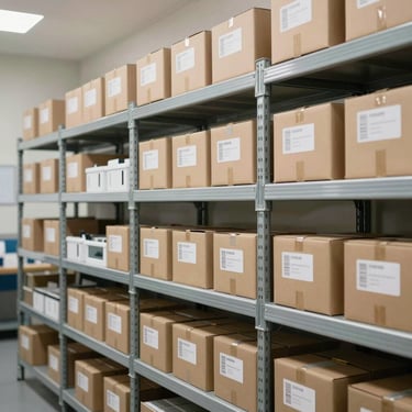 Organized warehouse shelving holding labeled boxes of medical furniture parts, clean steel racks, bright neutral clean-room lighting.