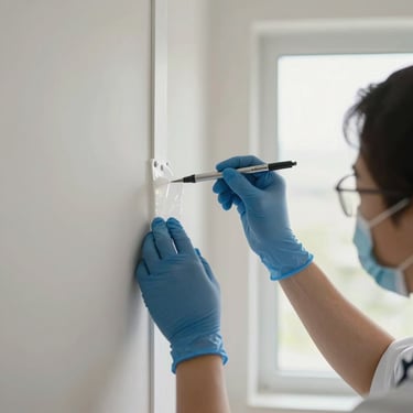 Bright clinical daylight close-up of a technician applying gel barrier to a wall joint inside a clean, well-lit residential room.