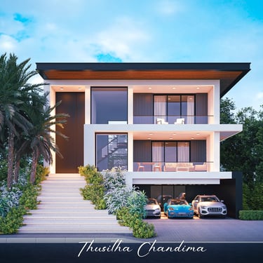 Contemporary villa exterior with palm trees, layered architecture and warm morning lighting displayed in a detailed 3D visual