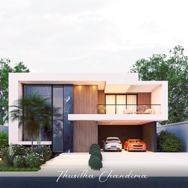 Minimalist modern home with open garage, flat roof design and clean landscape environment shown in a photorealistic 3D render