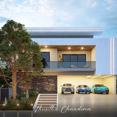 Modern residential exterior featuring a car porch, clean architecture and landscaped greenery presented in a photorealistic 3