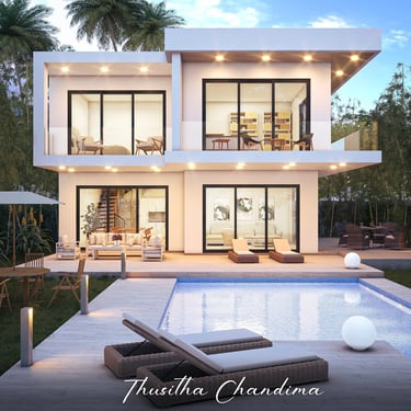 Stylish luxury house exterior with illuminated windows, pool reflections and tropical surroundings rendered in 3D.