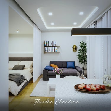 Contemporary living room interior with sofa, wall shelves, indoor plants, and bright ceiling spotlights — modern 3D render fo