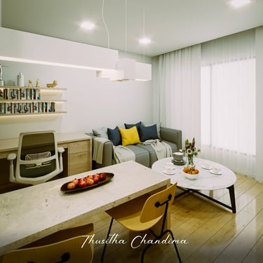 Open concept living room and kitchen interior with a neutral palette and modern decor, created as a 3D render by Thusitha Cha