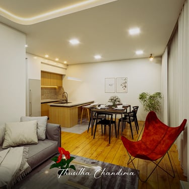 Stylish living and dining room interior featuring decorative plants, wooden furniture and warm ambient lighting shown as a hi