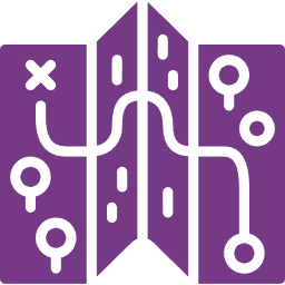 Purple folded map icon with a winding white path, destination markers, and travel route symbols.