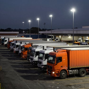 Wide-angle shot of a busy logistics terminal in Goiânia at dusk under high-contrast floodlights, trucks aligned