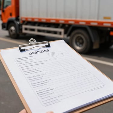Close-up of logistics dispatch documents on a clipboard against the background of a blurred flatbed truck, daylight