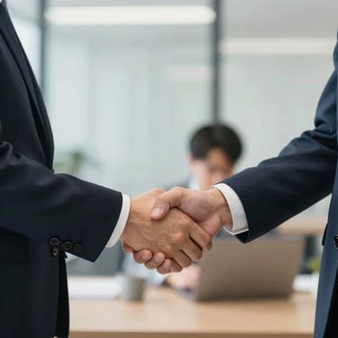 Two people shaking hands in a professional yet warm office setting, representing trust.