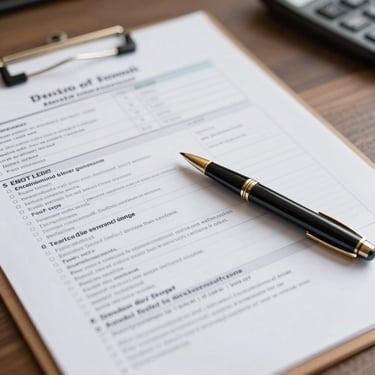 A detailed shot of organized tax documents and a luxury pen on a desk, representing efficiency.