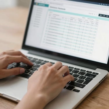 A close-up of a person typing on a laptop with a digital interface showing tax forms, high efficiency vibe.