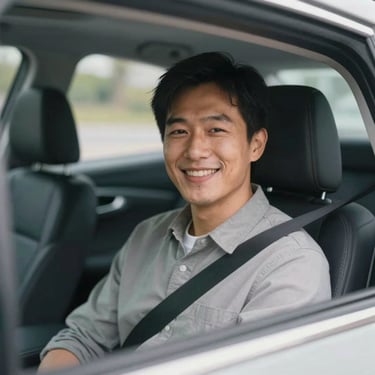 A happy person with limited mobility smiling inside a new car, soft natural lighting.
