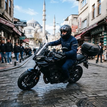 Dynamic low-angle tracking shot of a professional motorcycle courier in clean navy gear riding a modern black motorcycle through Istanbul streets, motion blur, crisp daylight.