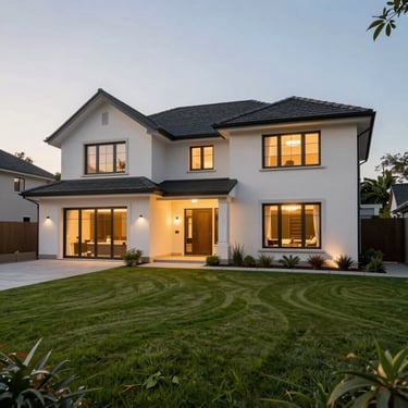 Exterior of a luxury modern semi-detached house in Glenmarie, manicured lawn, warm evening lighting