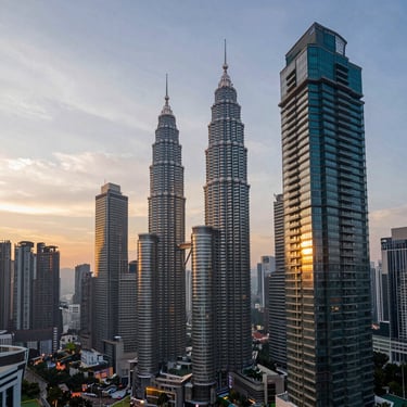 High-rise luxury condominium balcony in Bangsar overlooking the Kuala Lumpur skyline, sunset light