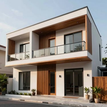 Modern premium terrace house facade in Denai Alam, clean lines, warm timber accents, soft daylight
