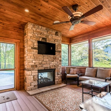 Rustic, Wood Paneling, Porch Fireplace, Screen Windows