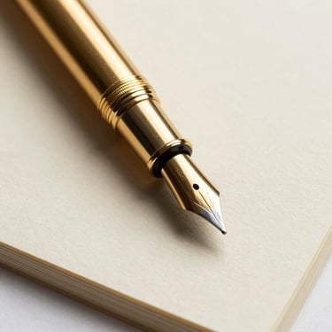 Macro shot of a classic gold fountain pen resting on heavy textured cream paper, soft directional light, deep shadows, luxurious minimalist atmosphere