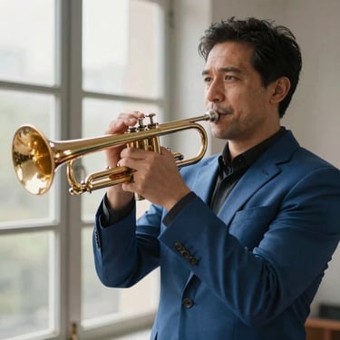 A professional portrait of a man in his 40s wearing a steel blue blazer, holding a trumpet. He is standing in front of a window with soft morning light.