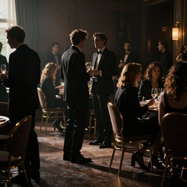 Cinematic still of a social gathering in a dimly lit room, figures in deep shadow with subtle champagne-gold rim lighting, wide environmental composition.