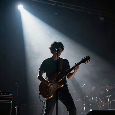 High contrast concert shot, silhouette of a musician against a single bright stage spotlight cutting through haze and darkness