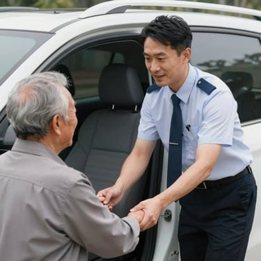 A professional bilingual driver in a clean uniform warmly greeting an elderly passenger, assisting them into a clean white vehicle under soft daylight.