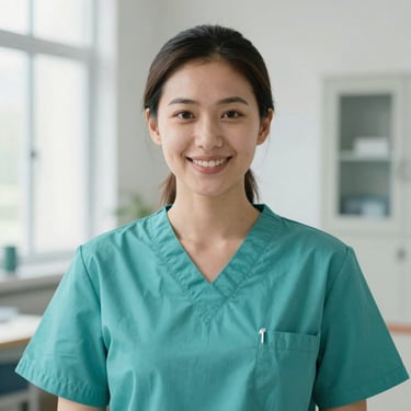 Portrait of a female clinical instructor in a clean teal nursing uniform, smiling warmly, bright natural light, clean academic background.
