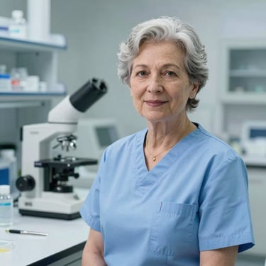 Portrait of a senior female nursing mentor in a bright laboratory, professional and supportive expression.