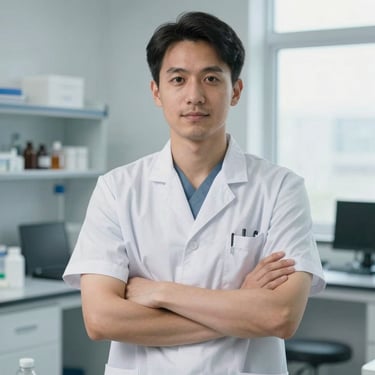 Portrait of a male nursing educator in a clinical lab setting, bright natural light, professional posture.