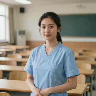 Portrait of a female nursing tutor in a modern lecture hall, soft daylight, organized background.