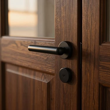 Close-up of a long matte black architectural pull handle on a heavy solid teak door, soft golden-hour window light, premium textures
