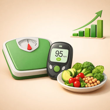 Imagem (Nutro AI): Ilustração 3D — perda de peso, glicemia e a ideia de relação dose–resposta.