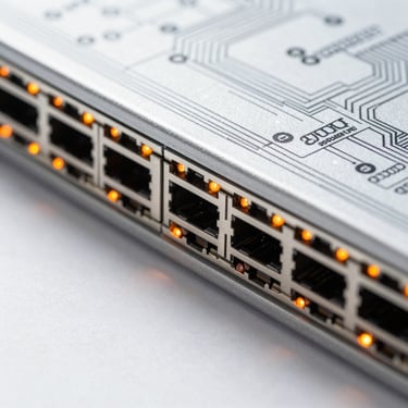 Ultra-clean macro close-up of a physical network switch, glowing orange indicator lights, sharp shadows, high-key bright studio lighting, technical blueprint overlay.