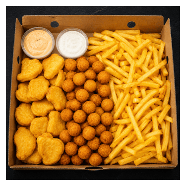 Uzkodu plate - nageti, frī kartupeļi un kroketes, mērces
