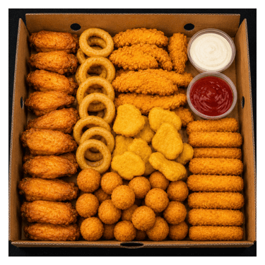 Siera un gaļas BOX. Vistas filejas, spārniņi, nageti, kebaba gaļa,, kroketes, sīpolu gredzeni.