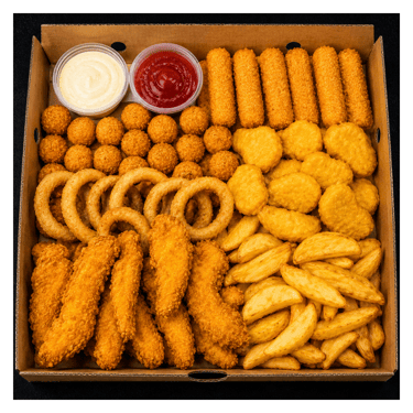 MEGA BOX. Vistas filejas, nageti, kebaba gaļa, cepti kartupeļi, kroketes, sīpolu gredzeni., mērces.