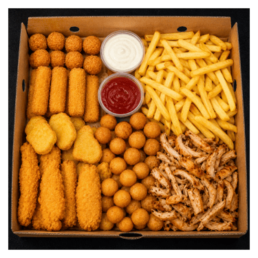 Party BOX - uzkodu plate ballītei. Vistas filejas, nageti, kebaba gaļa, frī kartupeļi, kroketes