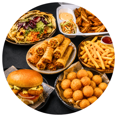 Veģetārie ēdieni - burgeri,  salāti, spring rolli, frī kartupeļi, kroketes,.