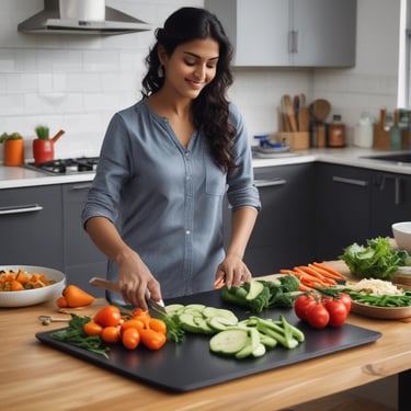 Photo of a smiling woman holding a steel cutting board in a bright kitchen.